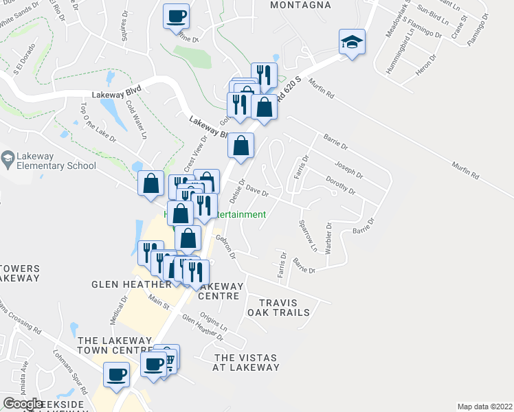 map of restaurants, bars, coffee shops, grocery stores, and more near 1111 Sledge Drive in Lakeway