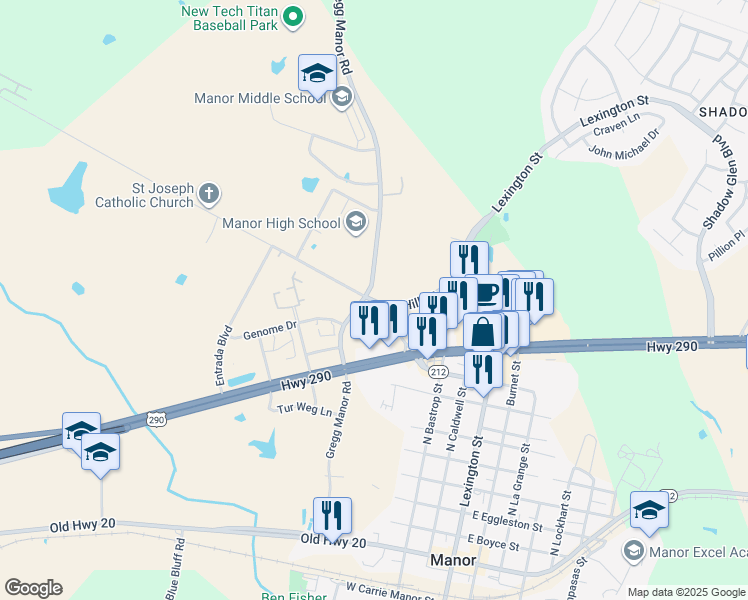 map of restaurants, bars, coffee shops, grocery stores, and more near 12520 Gregg Manor Road in Manor