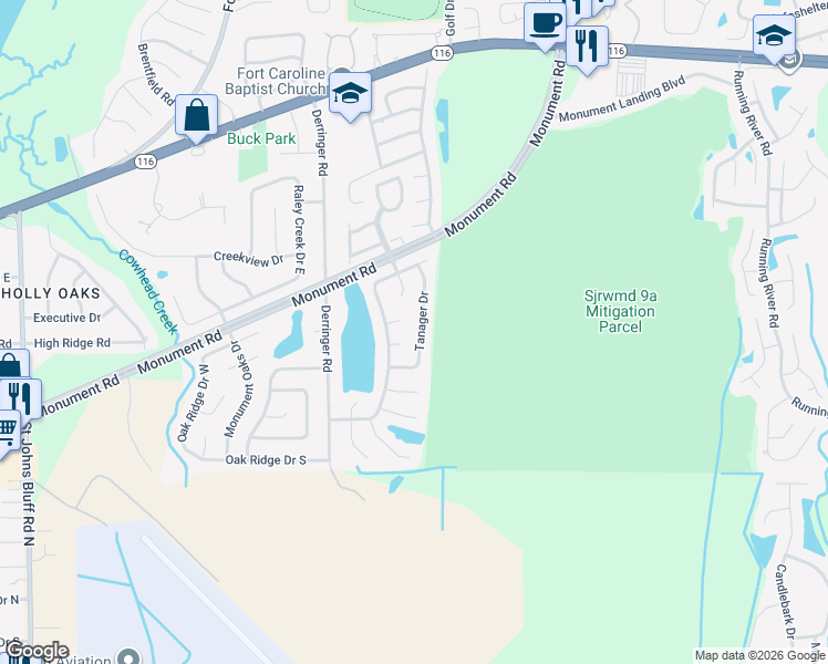 map of restaurants, bars, coffee shops, grocery stores, and more near 11664 Tanager Drive in Jacksonville
