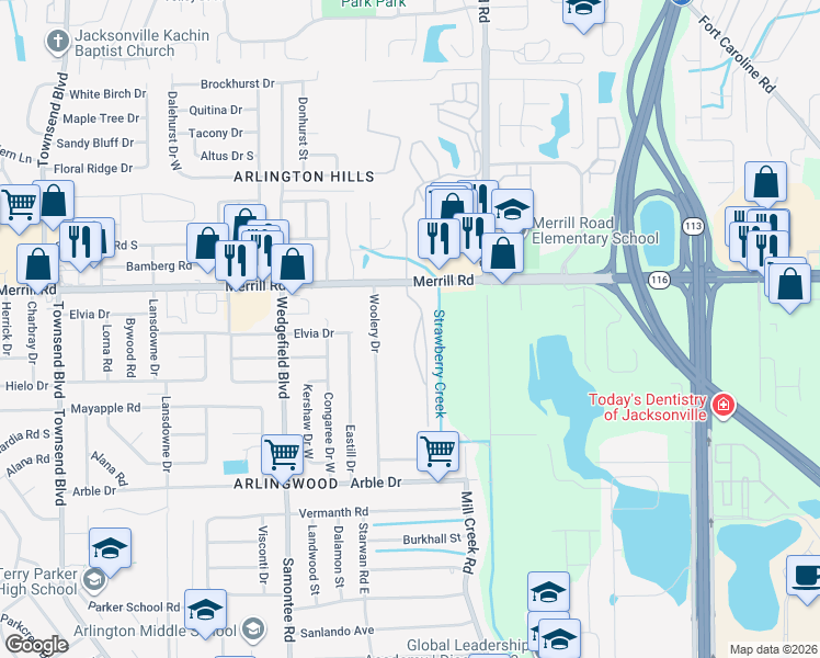 map of restaurants, bars, coffee shops, grocery stores, and more near 7920 Merrill Road in Jacksonville