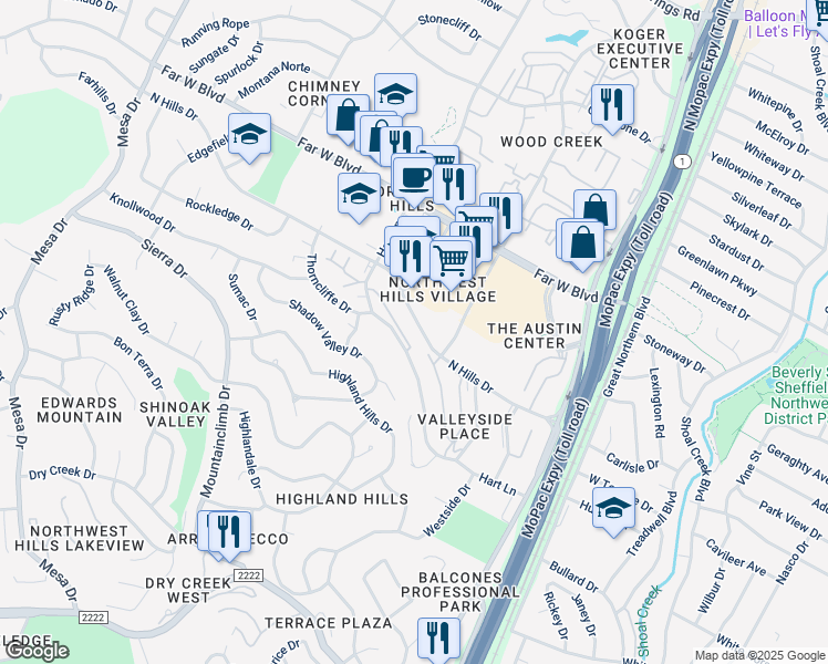 map of restaurants, bars, coffee shops, grocery stores, and more near 3537 North Hills Drive in Austin