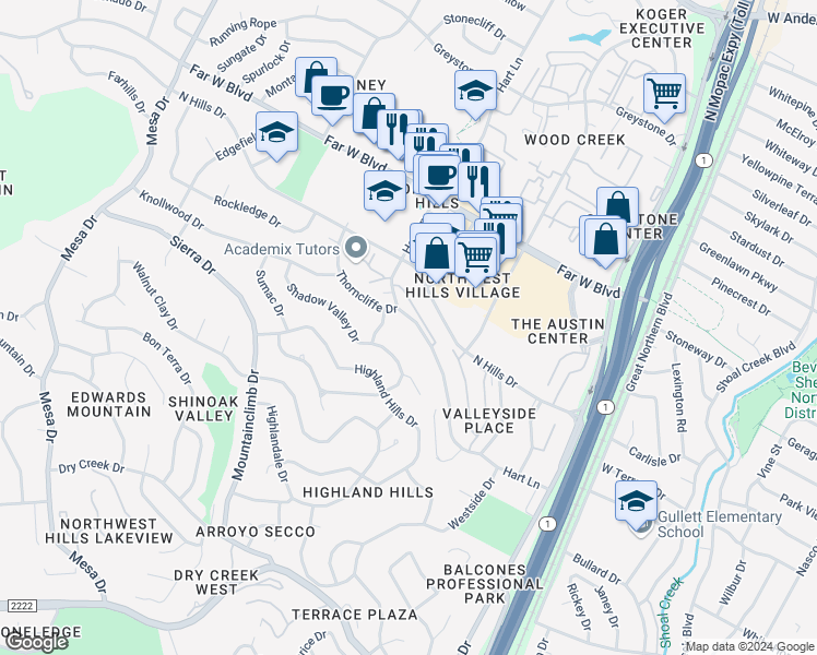 map of restaurants, bars, coffee shops, grocery stores, and more near 6800 Thorncliffe Drive in Austin