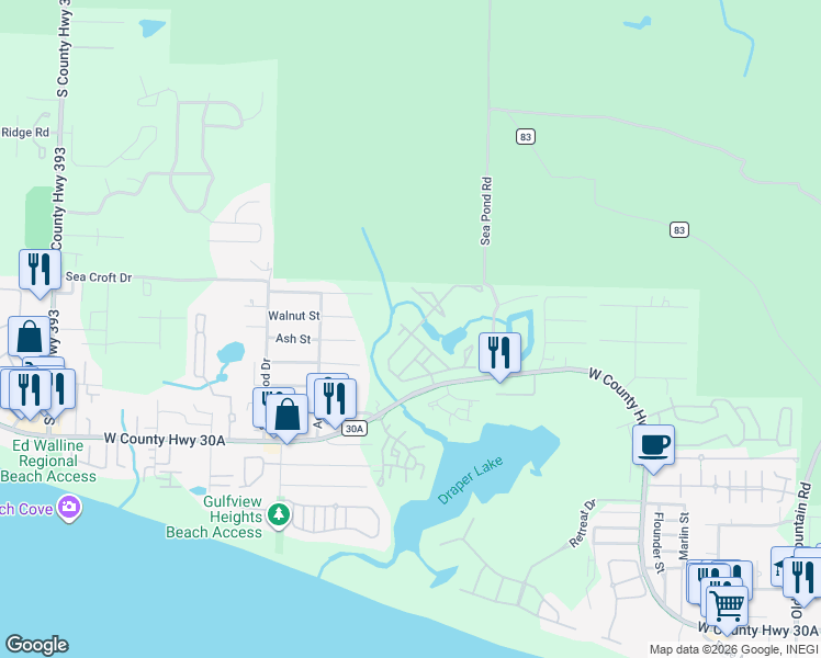 map of restaurants, bars, coffee shops, grocery stores, and more near 9 Nickajack North in Santa Rosa Beach