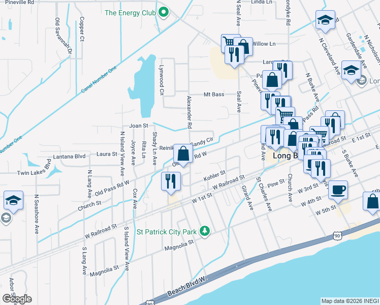 map of restaurants, bars, coffee shops, grocery stores, and more near 222 Alexander Road in Long Beach