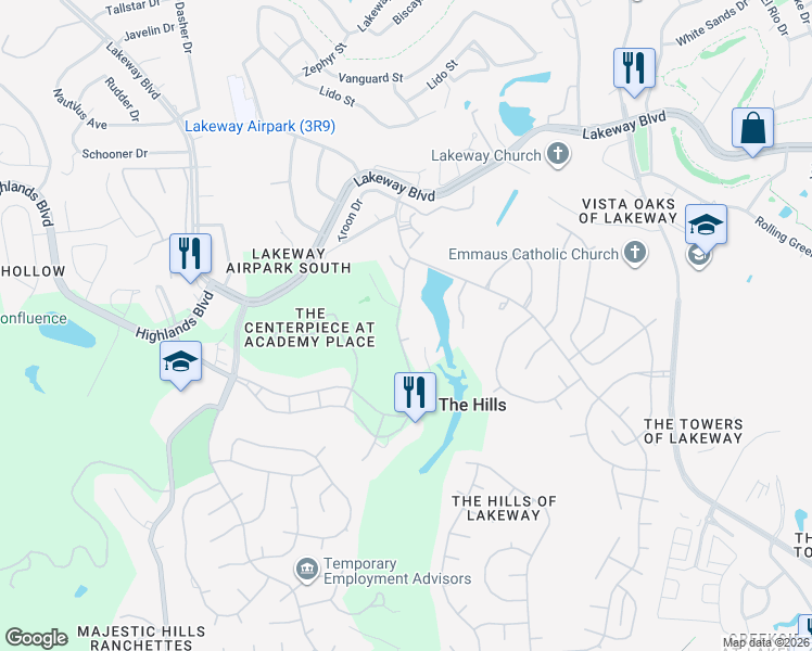 map of restaurants, bars, coffee shops, grocery stores, and more near 1 Crystal Springs Court in The Hills