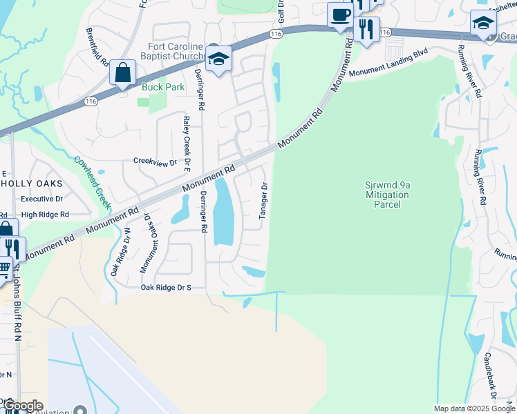 map of restaurants, bars, coffee shops, grocery stores, and more near 11664 Tanager Drive in Jacksonville