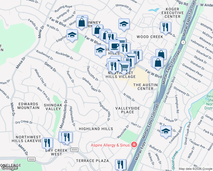 map of restaurants, bars, coffee shops, grocery stores, and more near 6800 Thorncliffe Drive in Austin