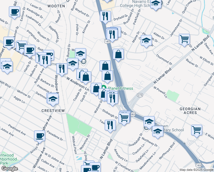 map of restaurants, bars, coffee shops, grocery stores, and more near 1100 West Anderson Lane in Austin