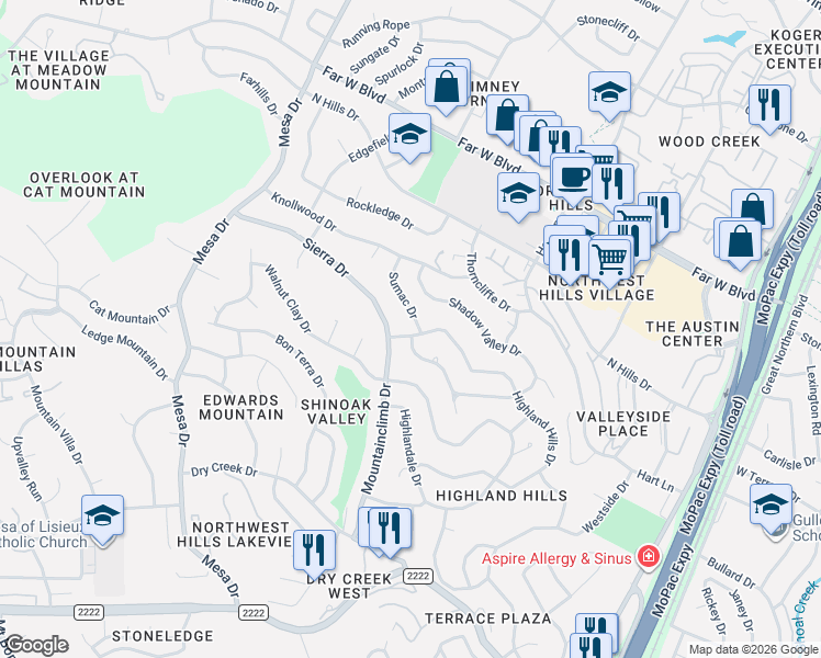 map of restaurants, bars, coffee shops, grocery stores, and more near 6307 Highland Hills Drive in Austin