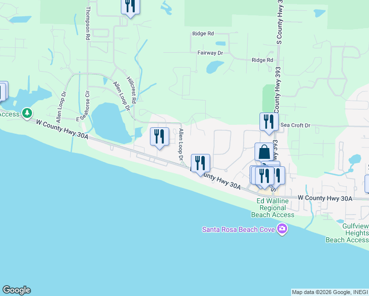 map of restaurants, bars, coffee shops, grocery stores, and more near 89 Pointe Drive in Santa Rosa Beach