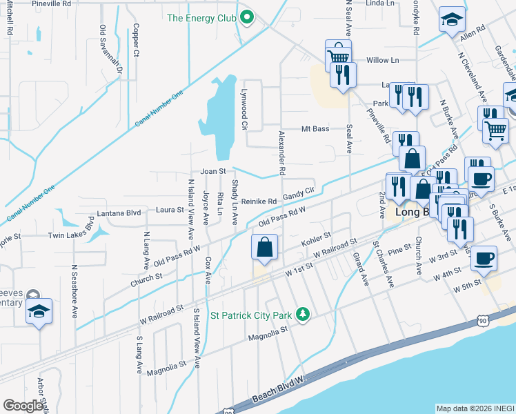 map of restaurants, bars, coffee shops, grocery stores, and more near 247 Reinike Road in Long Beach