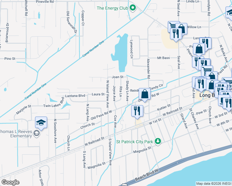 map of restaurants, bars, coffee shops, grocery stores, and more near 306 Joyce Avenue in Long Beach