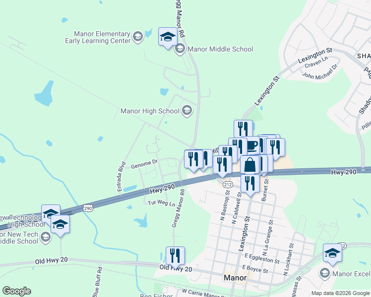 map of restaurants, bars, coffee shops, grocery stores, and more near 12520 Gregg Manor Road in Manor