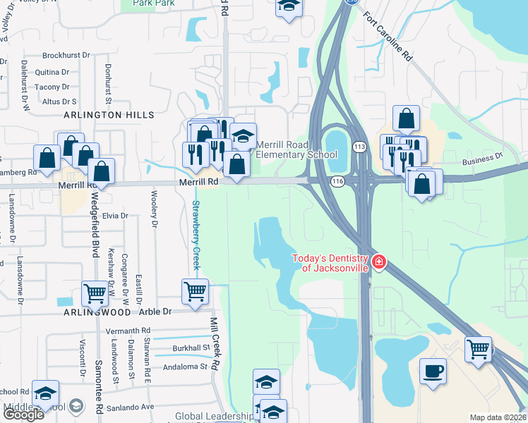 map of restaurants, bars, coffee shops, grocery stores, and more near 8300 Merrill Road in Jacksonville