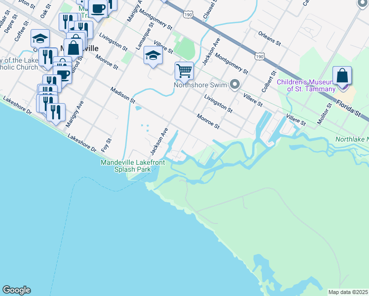map of restaurants, bars, coffee shops, grocery stores, and more near 301 Atalin Street in Mandeville
