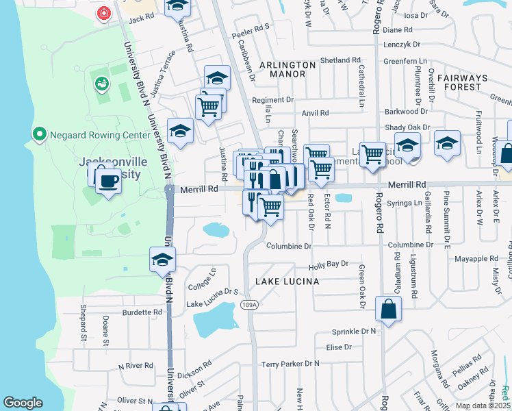 map of restaurants, bars, coffee shops, grocery stores, and more near 2712 Florida 109A in Jacksonville