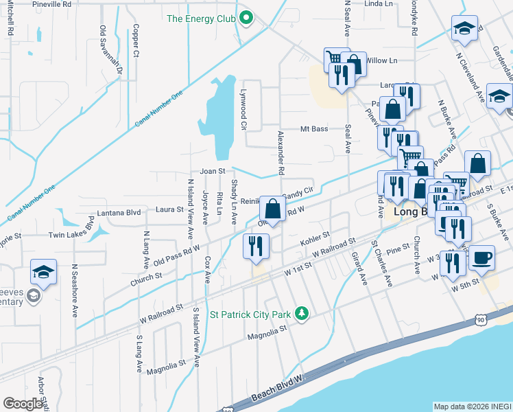 map of restaurants, bars, coffee shops, grocery stores, and more near 247 Reinike Road in Long Beach