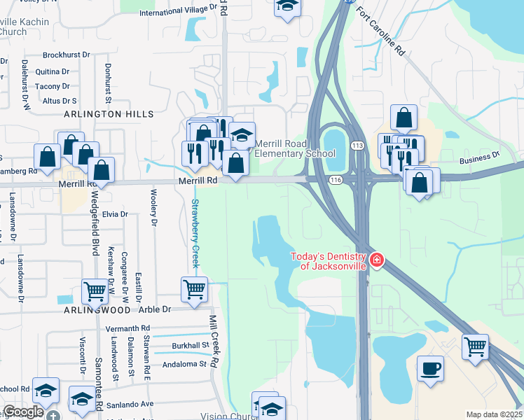 map of restaurants, bars, coffee shops, grocery stores, and more near 8300 Merrill Road in Jacksonville