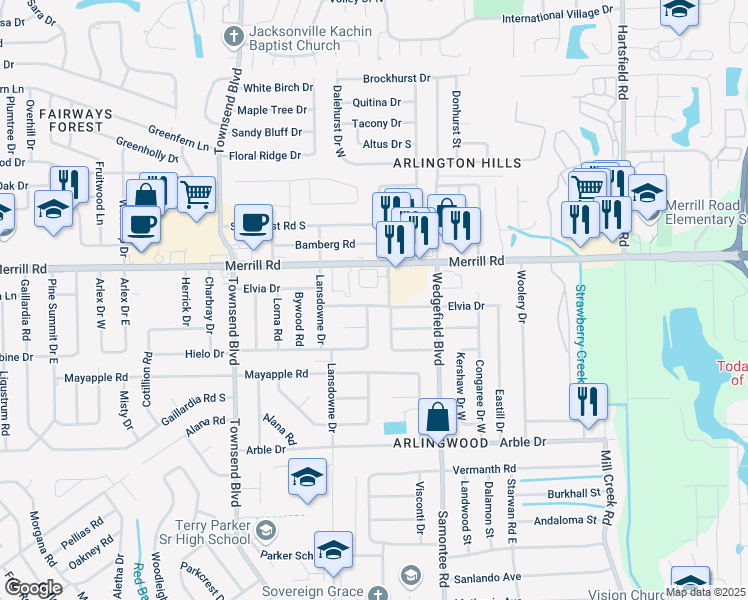 map of restaurants, bars, coffee shops, grocery stores, and more near 7511 Elvia Drive in Jacksonville