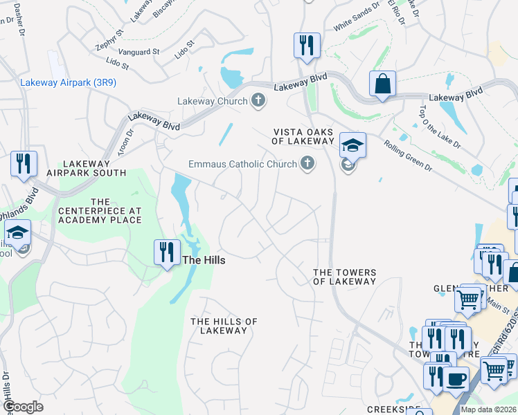 map of restaurants, bars, coffee shops, grocery stores, and more near 4 Falling Oaks Place in The Hills