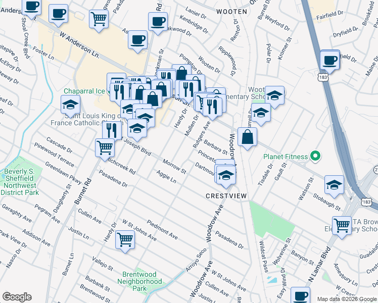 map of restaurants, bars, coffee shops, grocery stores, and more near 7710 Rutgers Avenue in Austin