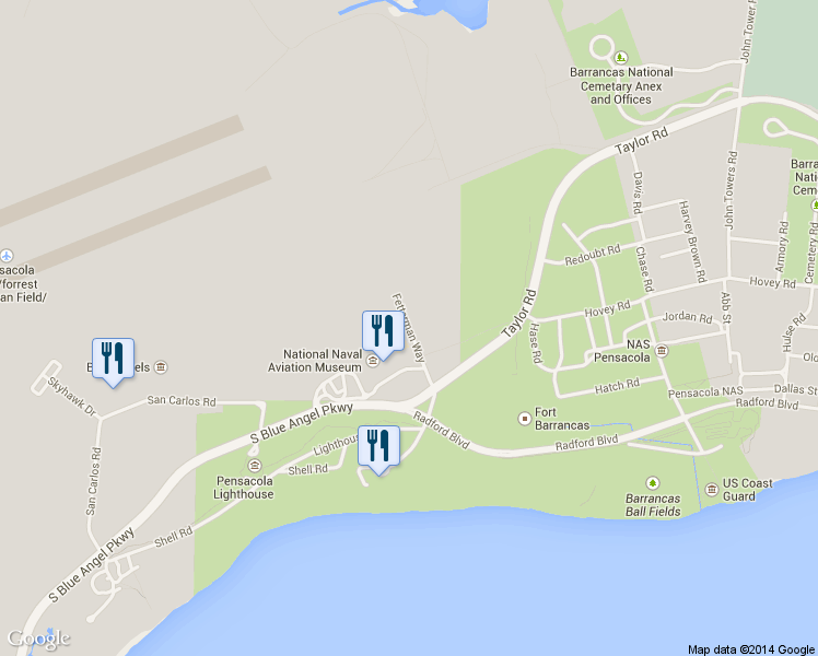 map of restaurants, bars, coffee shops, grocery stores, and more near Fetterman Way in Pensacola