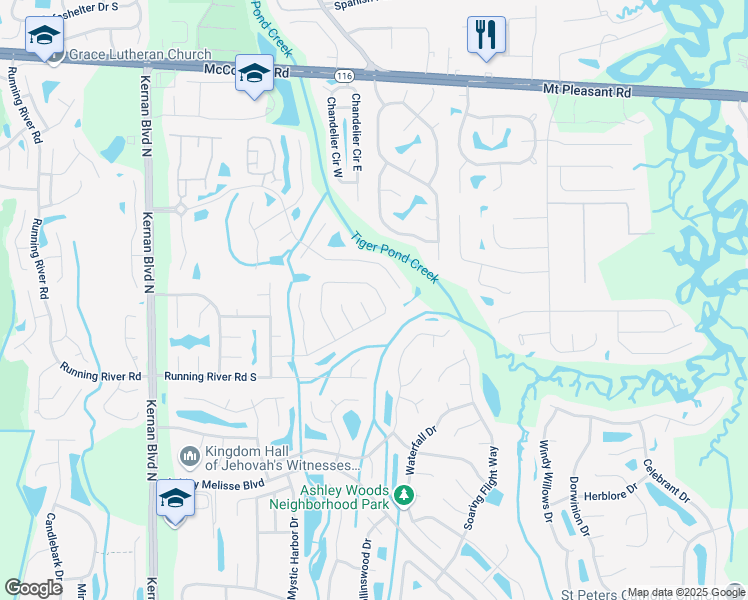 map of restaurants, bars, coffee shops, grocery stores, and more near 1605 Point Park Drive East in Jacksonville