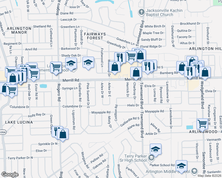 map of restaurants, bars, coffee shops, grocery stores, and more near 2711 Arlex Drive East in Jacksonville