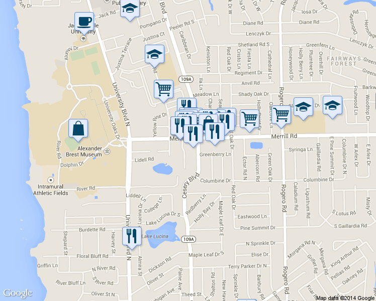 map of restaurants, bars, coffee shops, grocery stores, and more near 2712 Florida 109A in Jacksonville