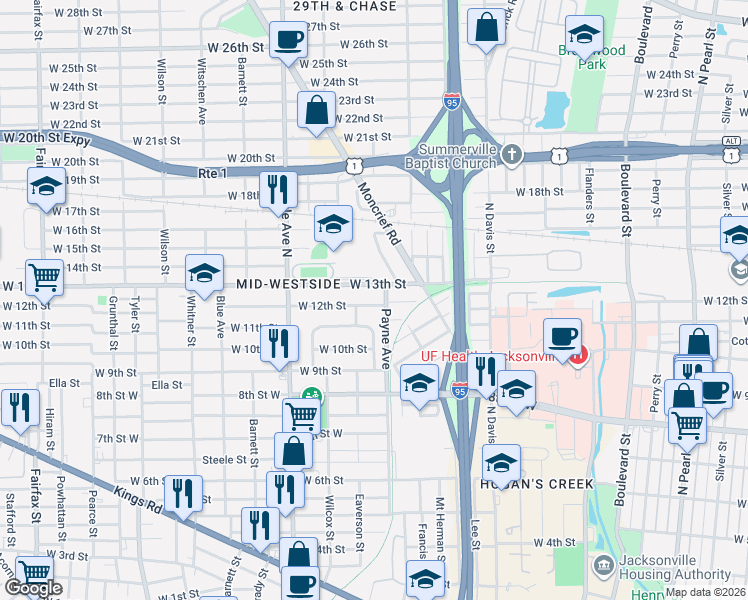 map of restaurants, bars, coffee shops, grocery stores, and more near 1116 West 13th Street in Jacksonville
