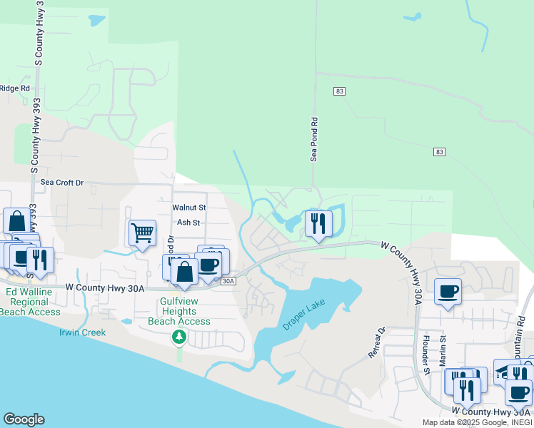 map of restaurants, bars, coffee shops, grocery stores, and more near 9 Nickajack North in Santa Rosa Beach