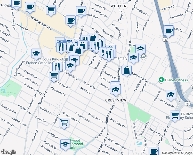 map of restaurants, bars, coffee shops, grocery stores, and more near 7710 Rutgers Avenue in Austin