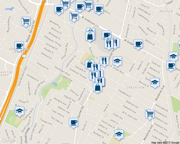 map of restaurants, bars, coffee shops, grocery stores, and more near 1907 Hearthstone Drive in Austin