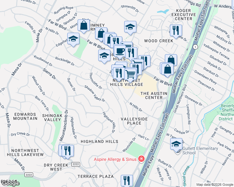 map of restaurants, bars, coffee shops, grocery stores, and more near 3537 North Hills Drive in Austin
