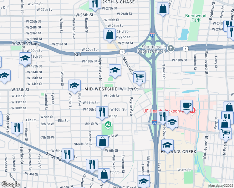 map of restaurants, bars, coffee shops, grocery stores, and more near 1179 West 12th Street in Jacksonville