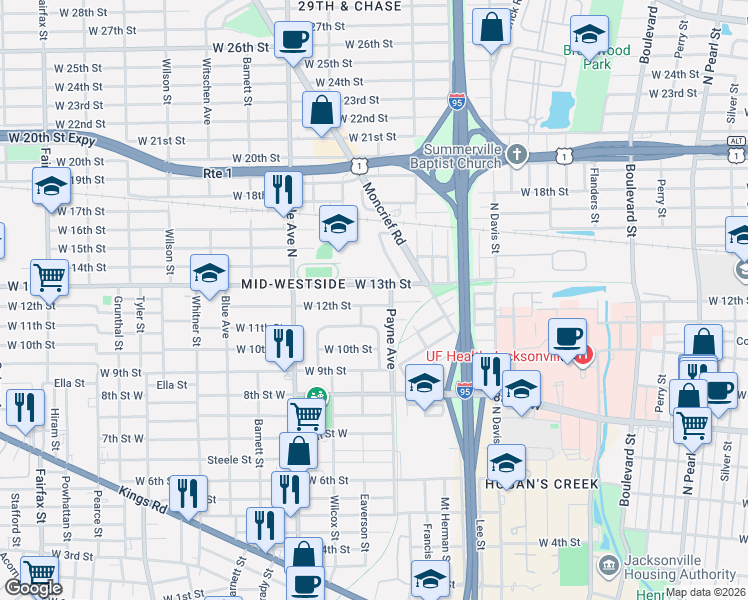 map of restaurants, bars, coffee shops, grocery stores, and more near 1116 West 13th Street in Jacksonville