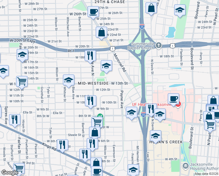 map of restaurants, bars, coffee shops, grocery stores, and more near 1179 West 12th Street in Jacksonville