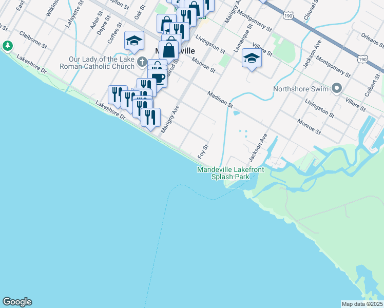 map of restaurants, bars, coffee shops, grocery stores, and more near 1717 Lakeshore Drive in Mandeville