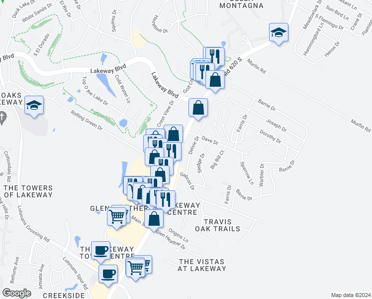 map of restaurants, bars, coffee shops, grocery stores, and more near 1209 Ranch Road 620 South in Lakeway