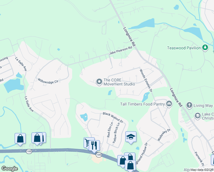 map of restaurants, bars, coffee shops, grocery stores, and more near 3553 Falcon Way in Conroe