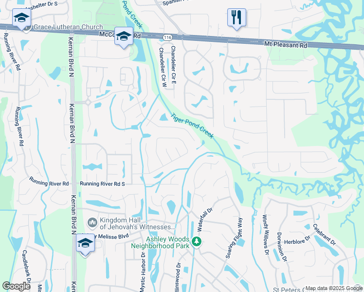map of restaurants, bars, coffee shops, grocery stores, and more near 1605 Point Park Drive East in Jacksonville