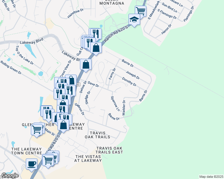 map of restaurants, bars, coffee shops, grocery stores, and more near 4 Sparrow Lane in Austin