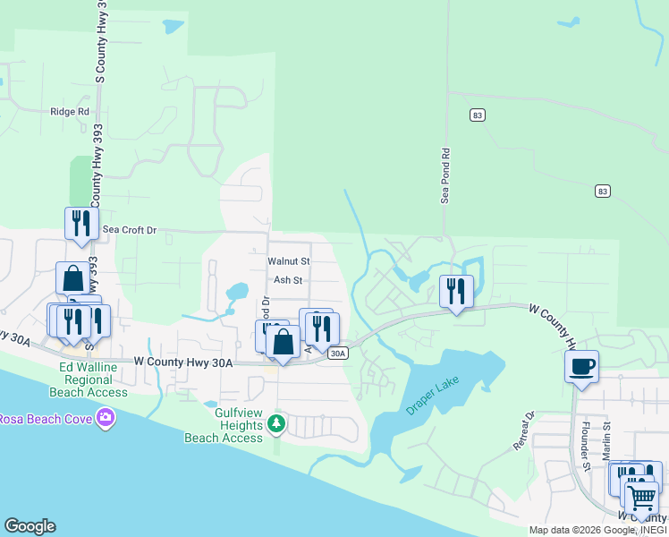 map of restaurants, bars, coffee shops, grocery stores, and more near 177 Walnut Street in Santa Rosa Beach
