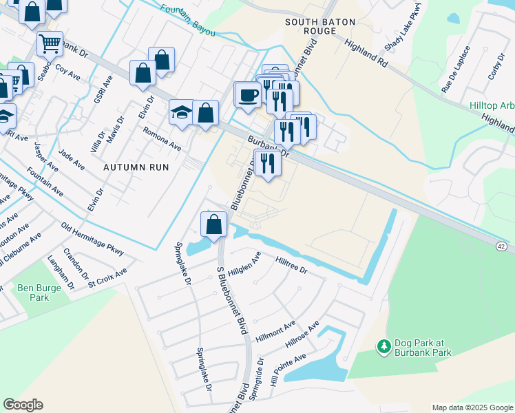map of restaurants, bars, coffee shops, grocery stores, and more near 10231 Bluebonnet Boulevard in Baton Rouge