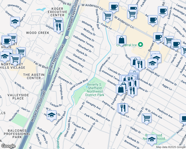 map of restaurants, bars, coffee shops, grocery stores, and more near 2807 Greenlawn Parkway in Austin