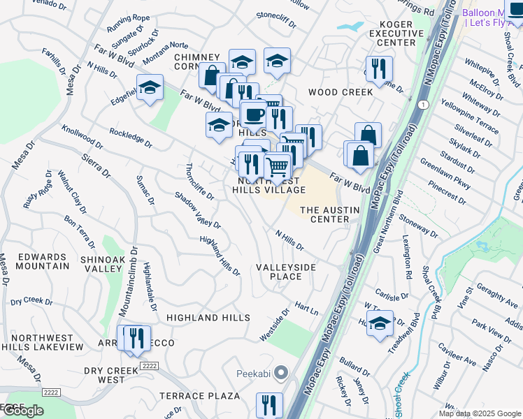 map of restaurants, bars, coffee shops, grocery stores, and more near 3600 North Hills Drive in Austin