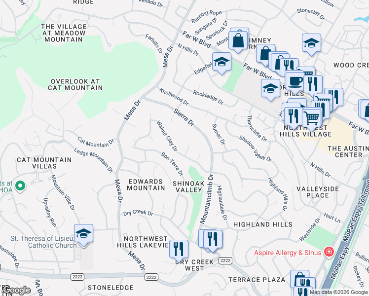 map of restaurants, bars, coffee shops, grocery stores, and more near 6402 Dry Cliff Cove in Austin
