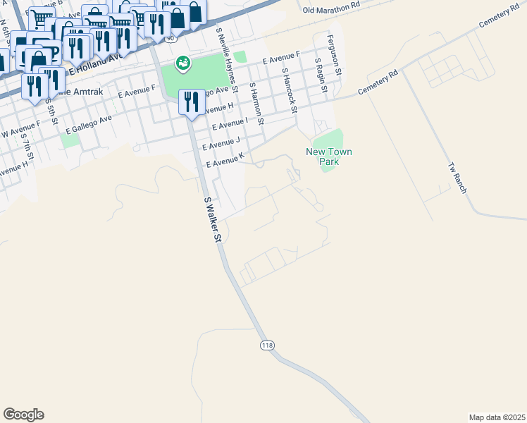 map of restaurants, bars, coffee shops, grocery stores, and more near 1104 Lechuguilla in Alpine