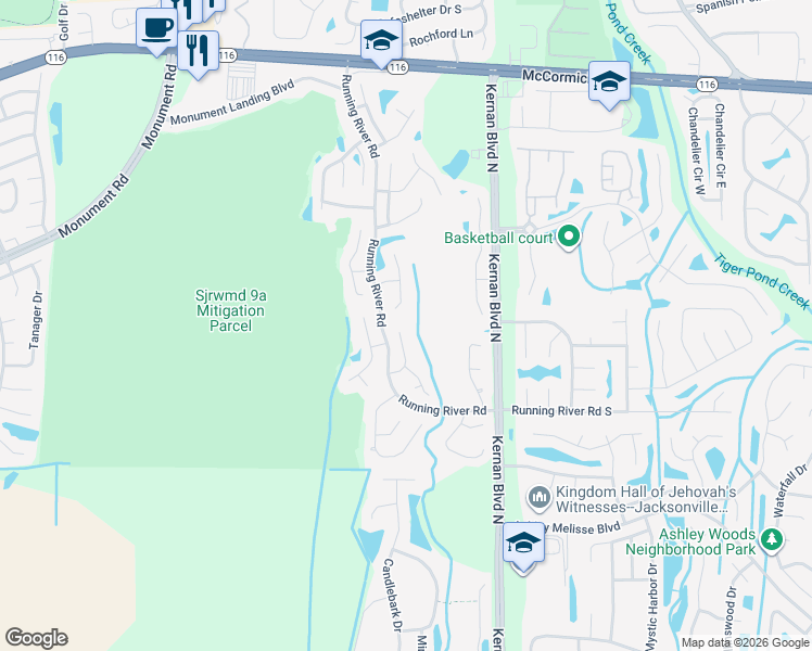 map of restaurants, bars, coffee shops, grocery stores, and more near 1449 Panther Run Road in Jacksonville