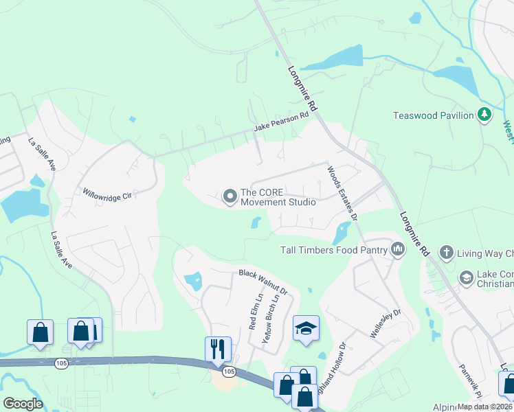 map of restaurants, bars, coffee shops, grocery stores, and more near 3543 Falcon Way in Conroe